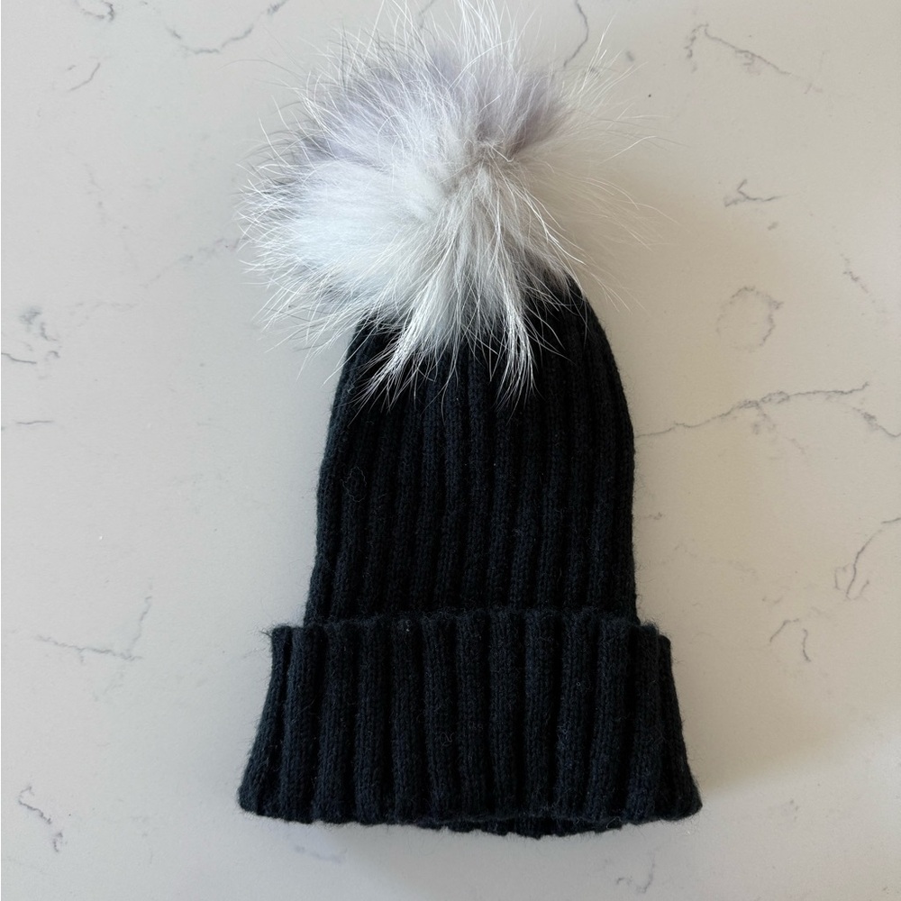 NWOT Stylish Black Knit Beanie with Faux Fur White and Black Pom-Pom